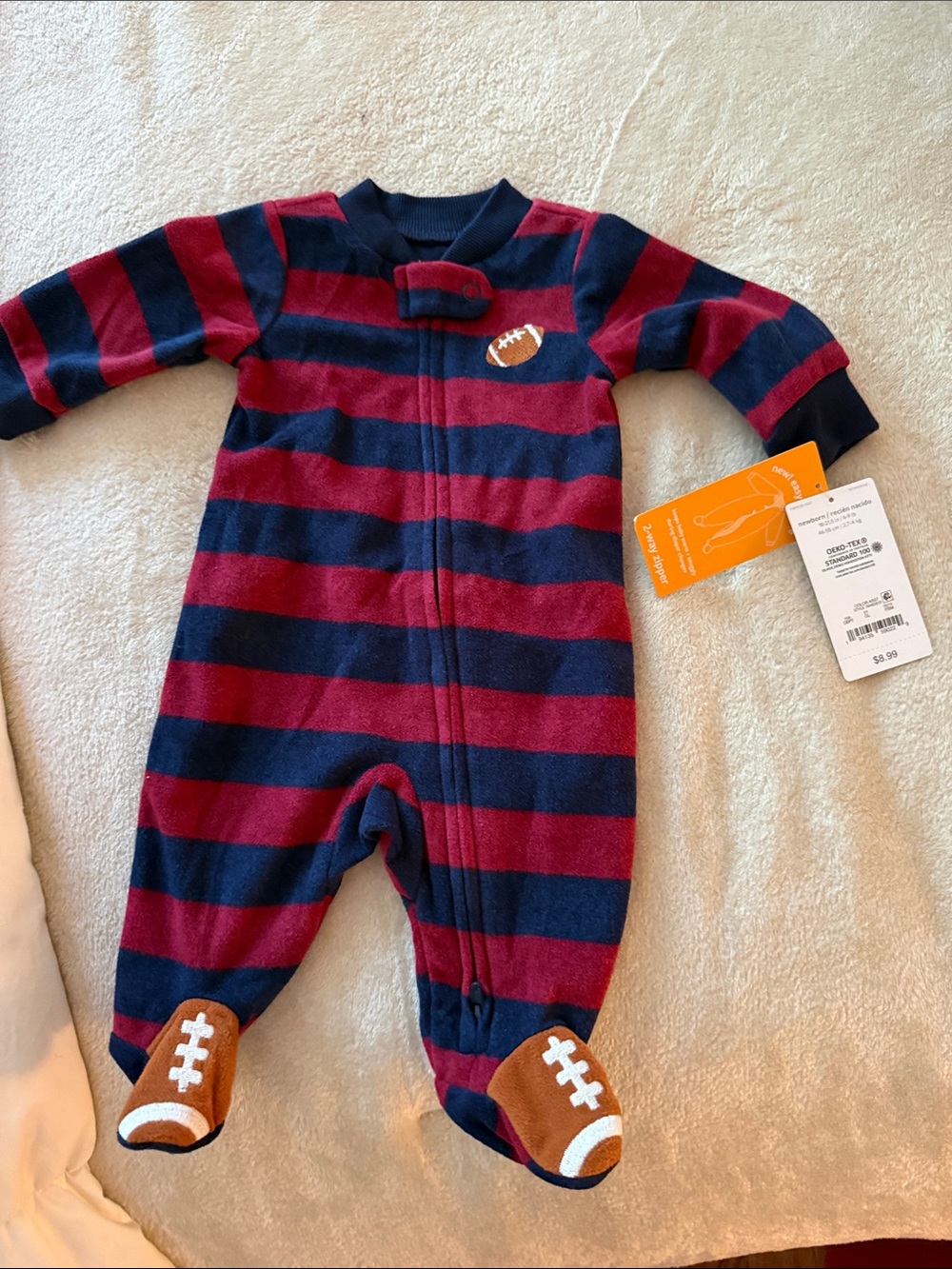 Striped Navy and Burgundy Baby One-Piece with Football Feet